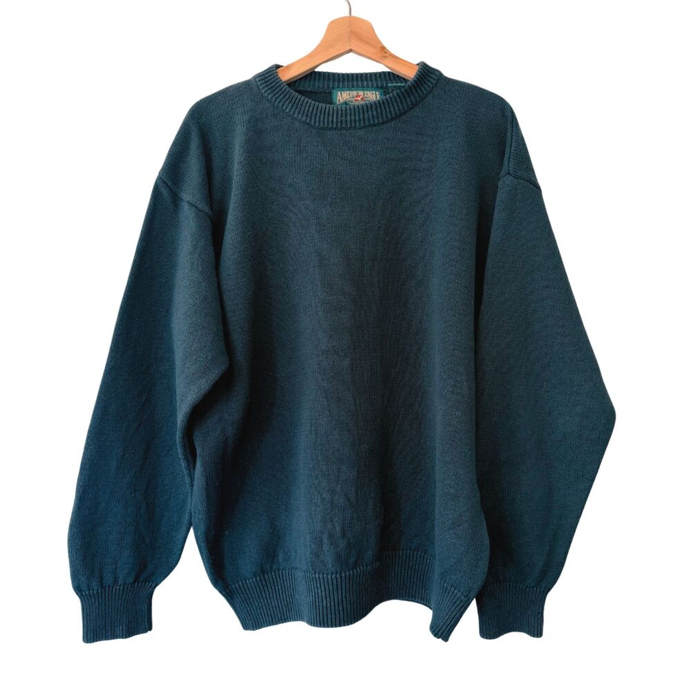 VINTAGE 70s/80s American Eagle Preppy Emerald Green Crew Neck Basic Sweater L